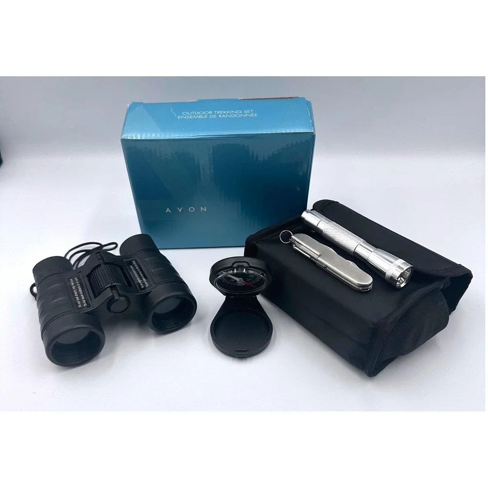 VTG AVON Outdoor Set - Binoculars Utility Knife Flashlight Compass w/ Case - NIB
